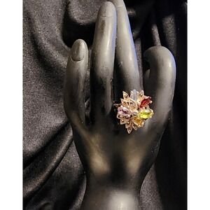 Multi Gemstone Floral Cluster Cocktail Ring Size 7.5 Stamped 925 Sterling Silver